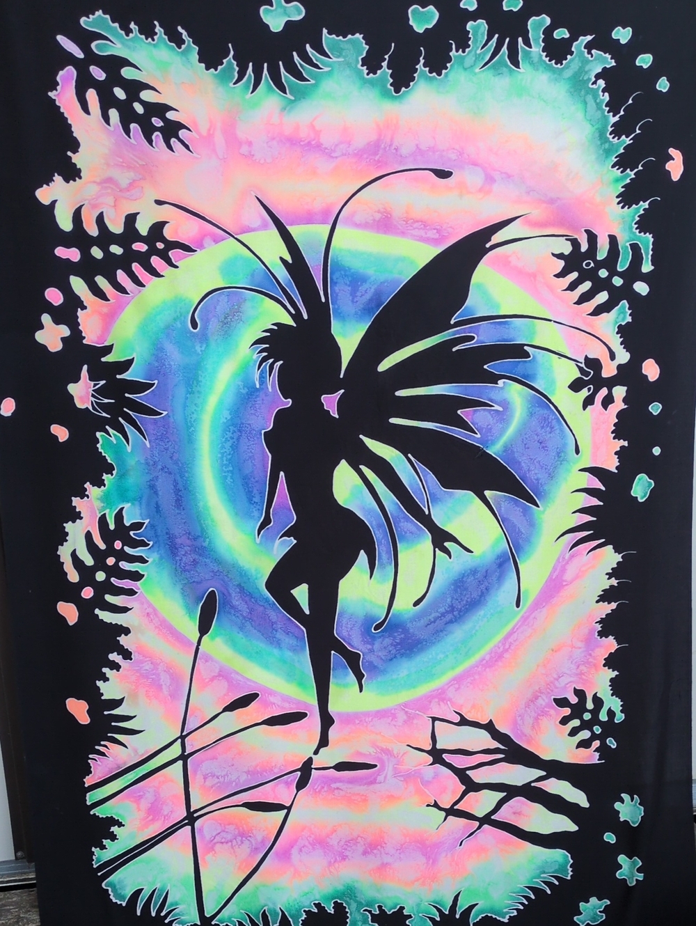 Black Fairy Silhouette Glow Light Neon  Tapestry with Rainbow Swirl